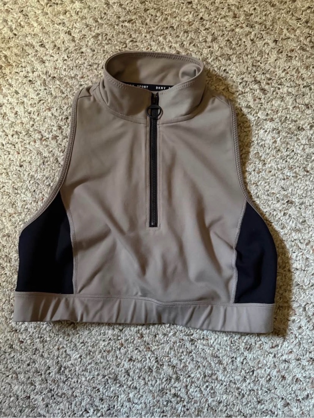 DKNY Sport Taupe and Black Zip-Front Mock Neck Top